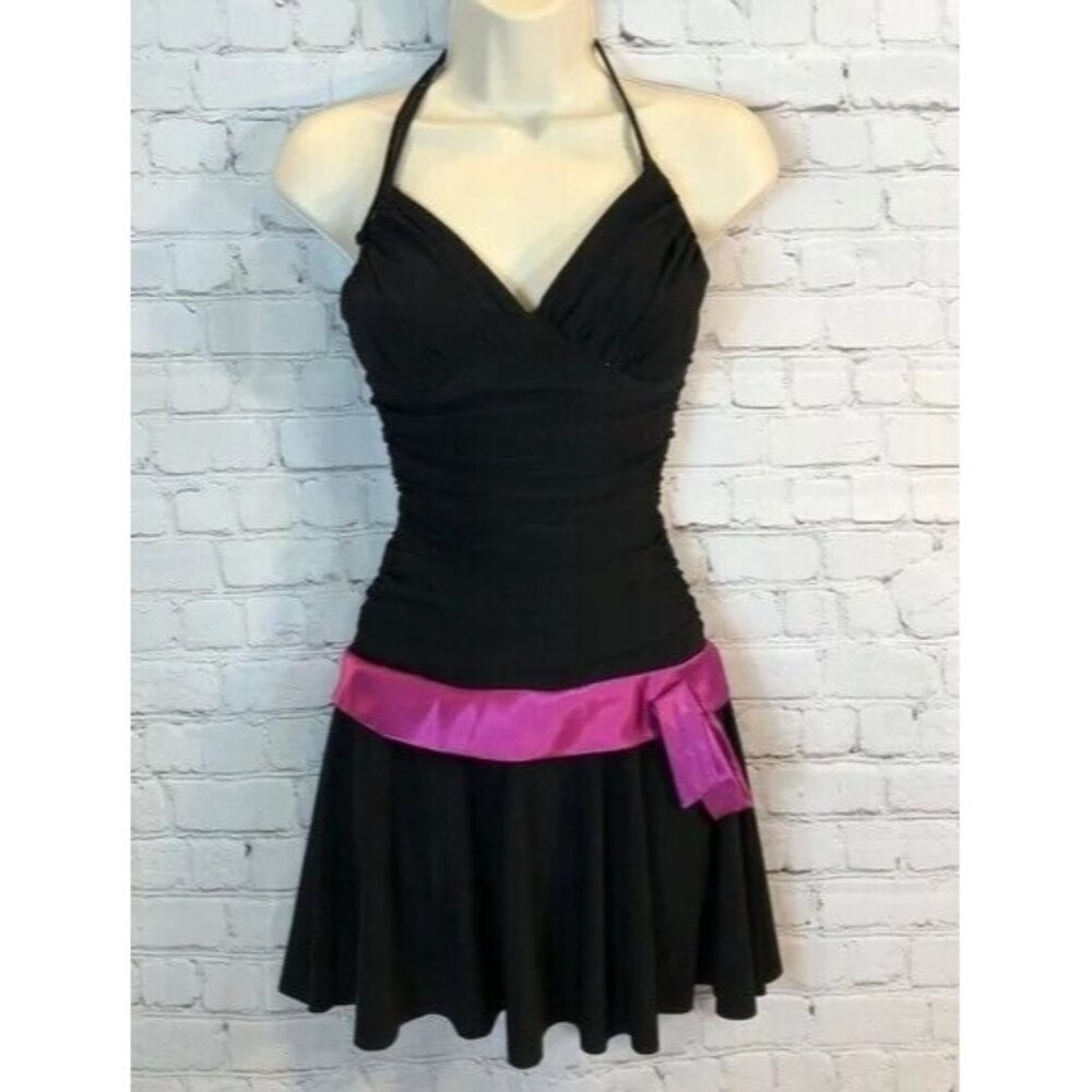 Beata Studio LA Mini Dress Back Ruched Halter Pink Bow Accent Bodycon Size 3/4